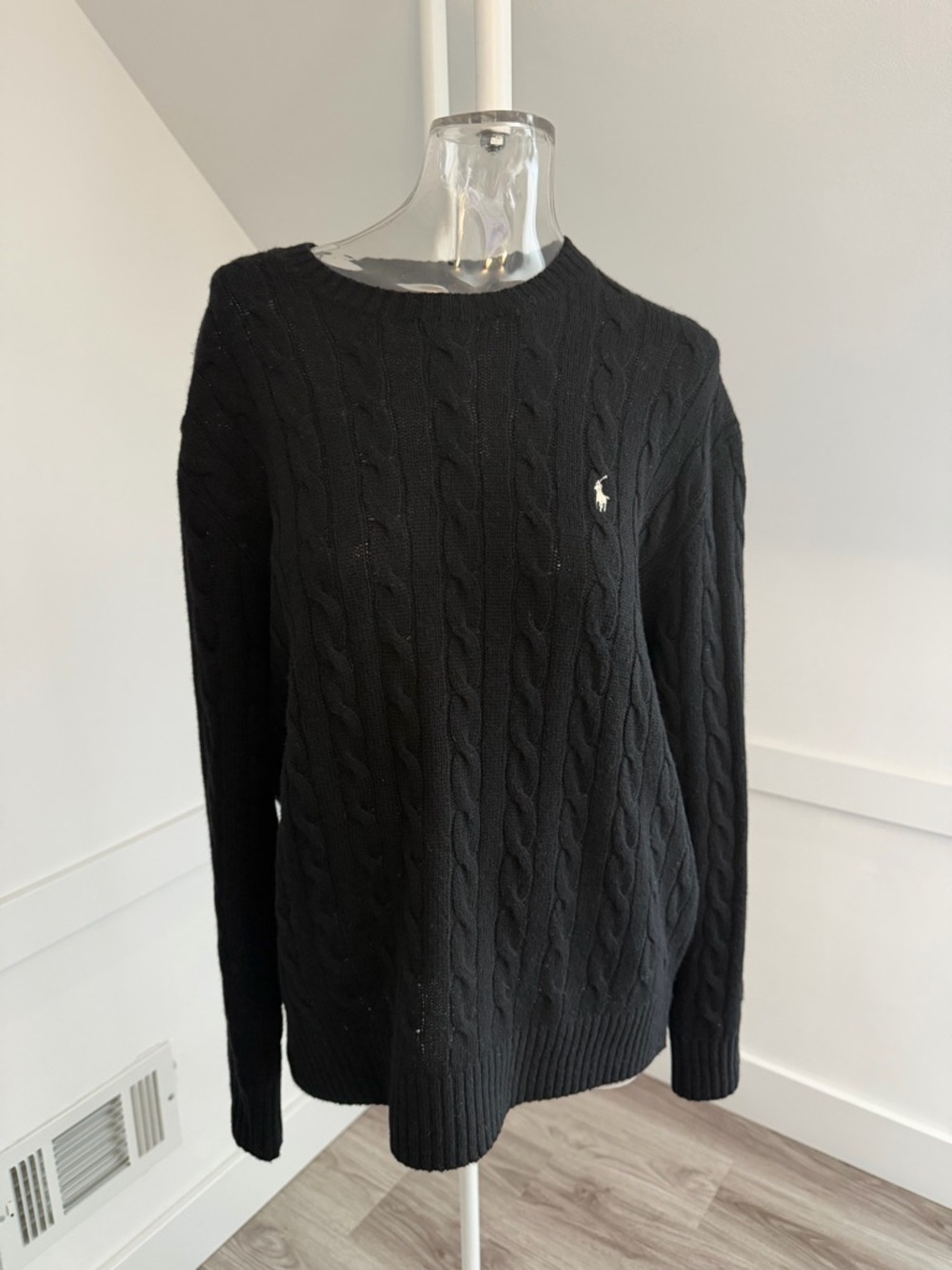 Ralph Lauren Black Feather Weight Wool Cashmere Cable Crewneck Sweater